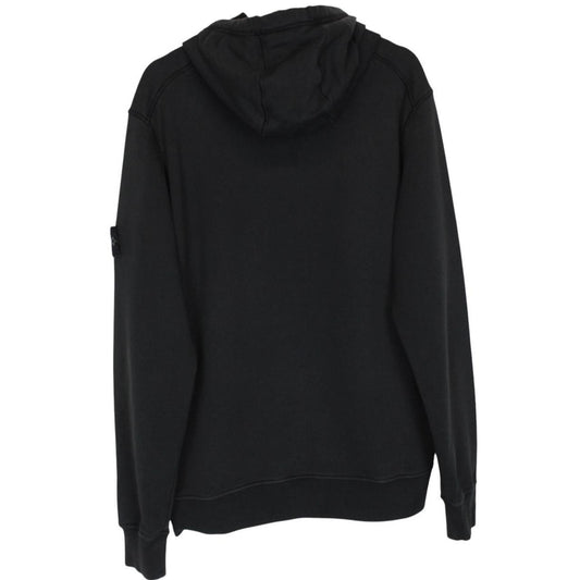 Stone Island black hoodie jumper with embroidered compass logo and cotton material.
