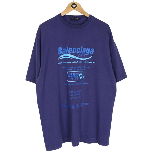 Balenciaga Blue Recycle Logo Print Short Sleeve Cotton T-Shirt