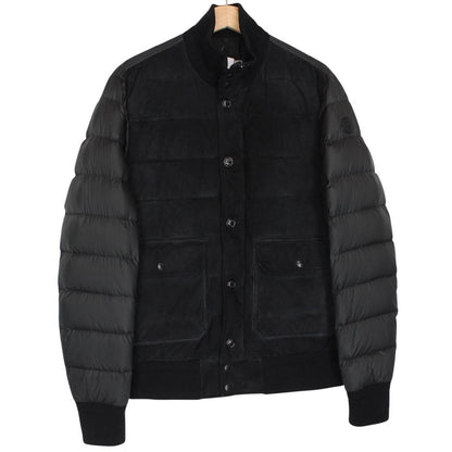 Moncler black suede leather down jacket with full zip and missing badge detail.