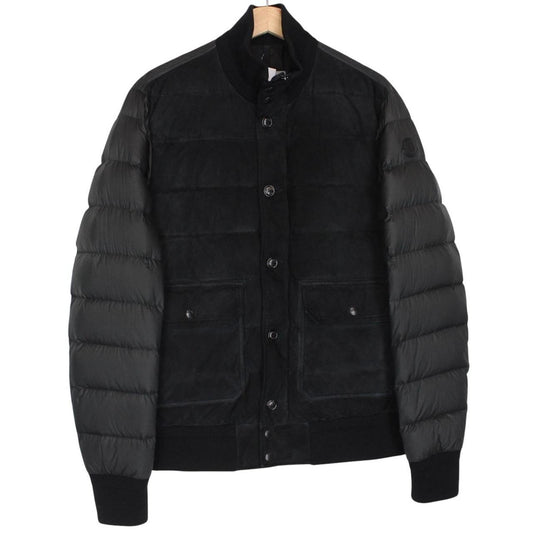 Moncler black suede leather down jacket with full zip and missing badge detail.