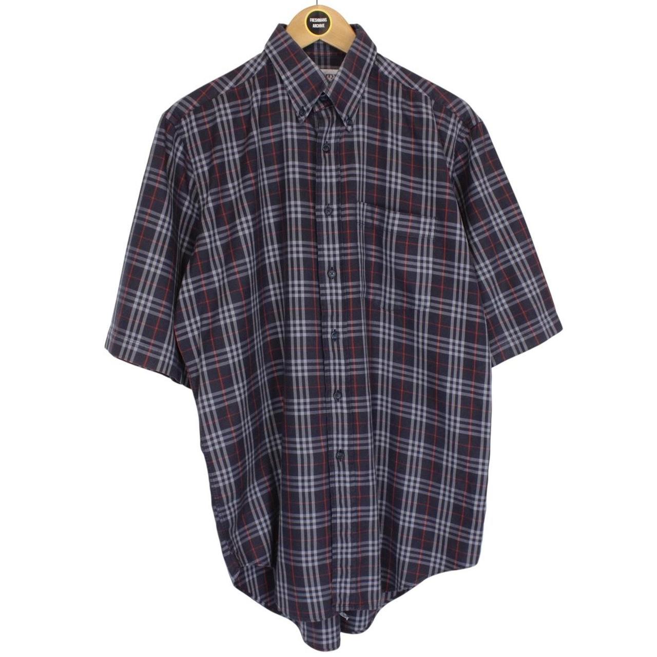 Vintage 90s Burberry Navy Blue Nova Check Short Sleeve Cotton Shirt