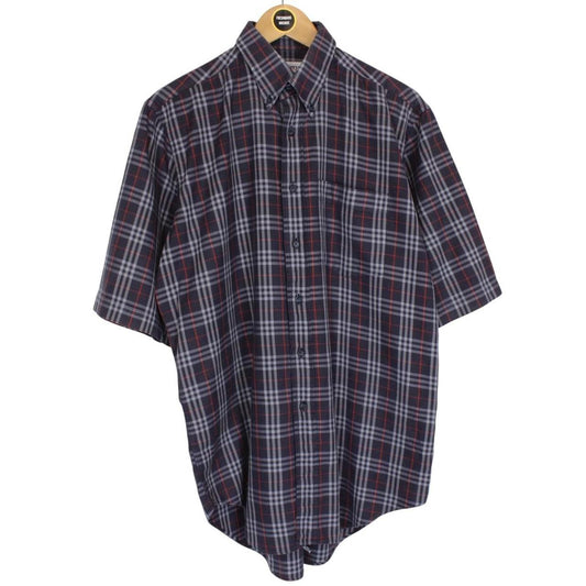 Vintage 90s Burberry Navy Blue Nova Check Short Sleeve Cotton Shirt