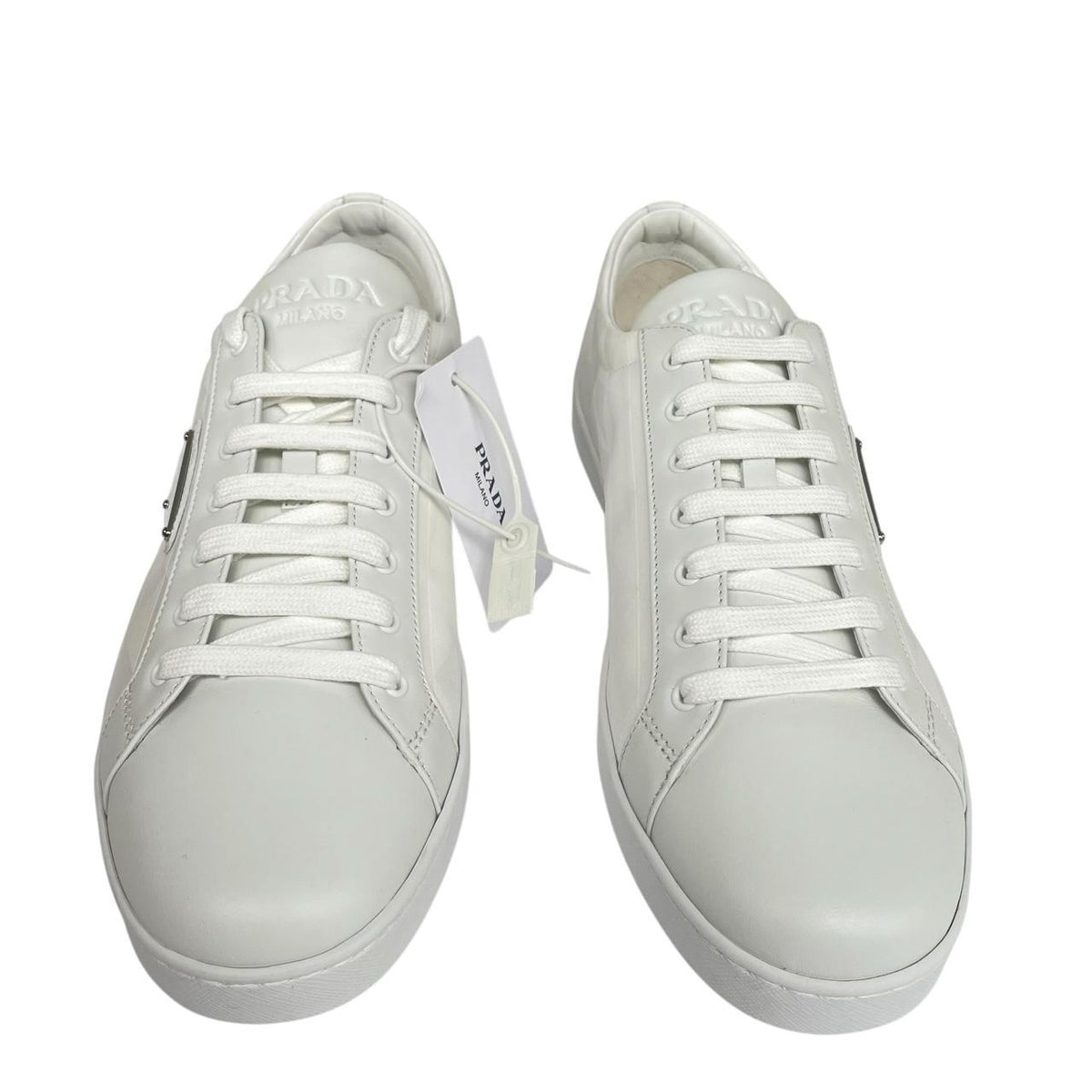 Prada white trainers Re-Nylon and brushed leather with logo detail and dust bags.