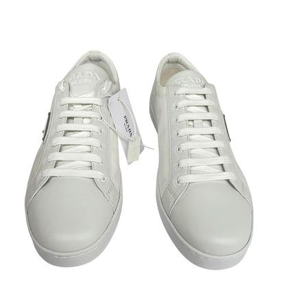 Prada white trainers Re-Nylon and brushed leather with logo detail and dust bags.