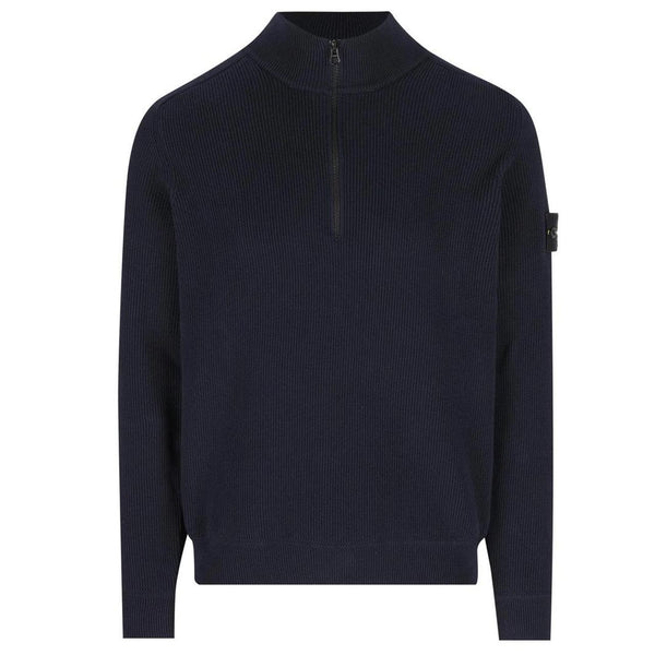 Stone Island SS26 Navy Blue Ribbed Organic Cotton Knit 1/4 Zip Jumper