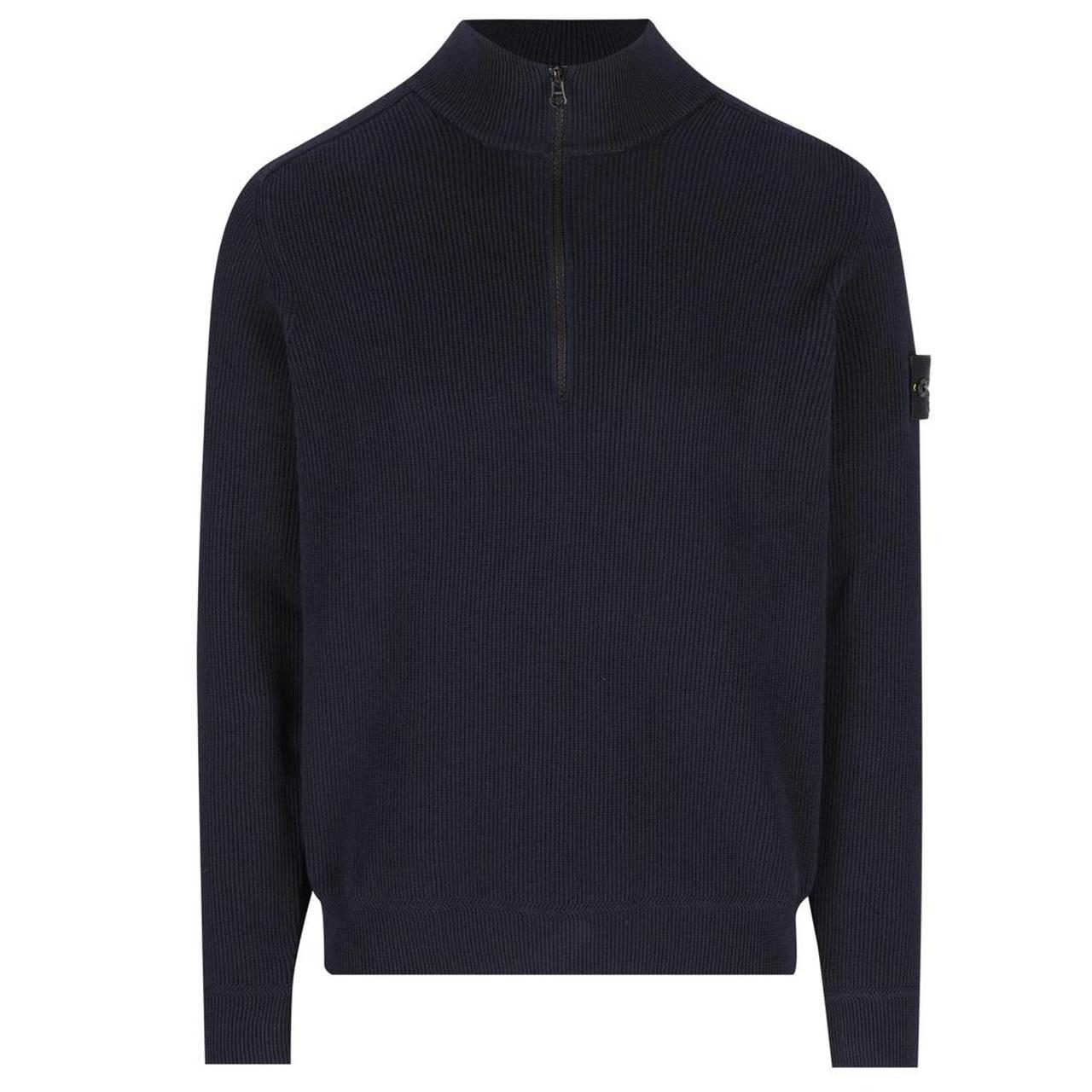 Stone Island SS26 Navy Blue Ribbed Organic Cotton Knit 1/4 Zip Jumper