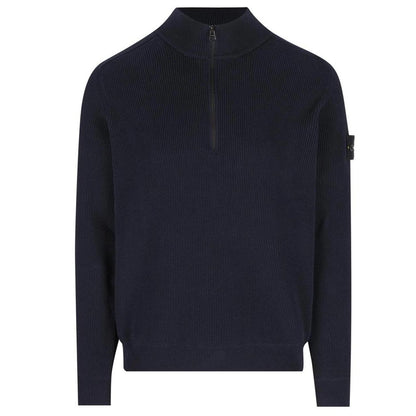 Stone Island SS26 Navy Blue Ribbed Organic Cotton Knit 1/4 Zip Jumper
