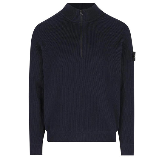 Stone Island SS26 Navy Blue Ribbed Organic Cotton Knit 1/4 Zip Jumper