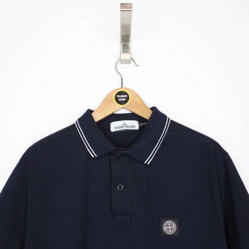 Stone Island Navy Blue and White Short Sleeve Compass Polo Shirt