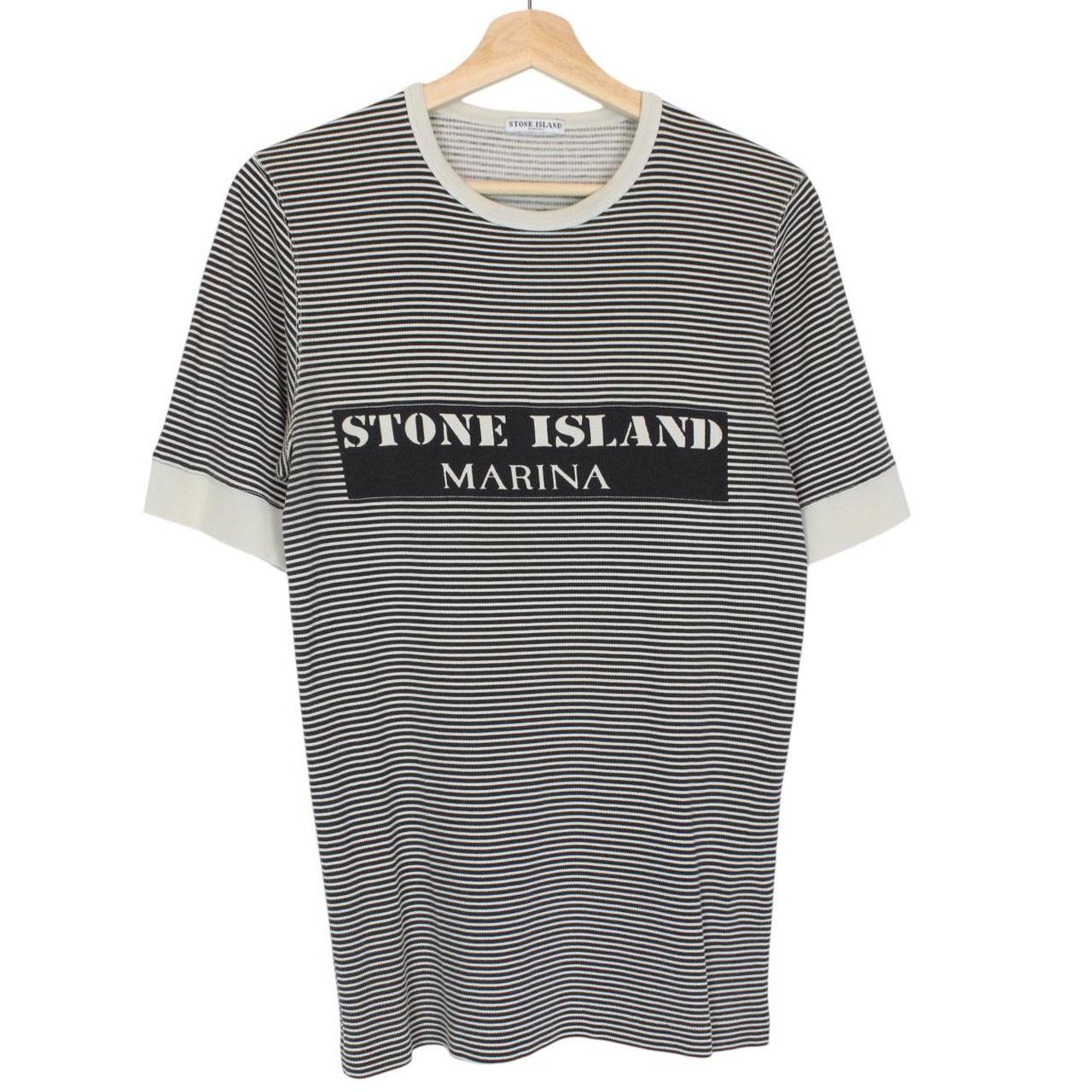 Vintage Stone Island Marina SS 2006 Black and Beige Striped Short Sleeve T-Shirt