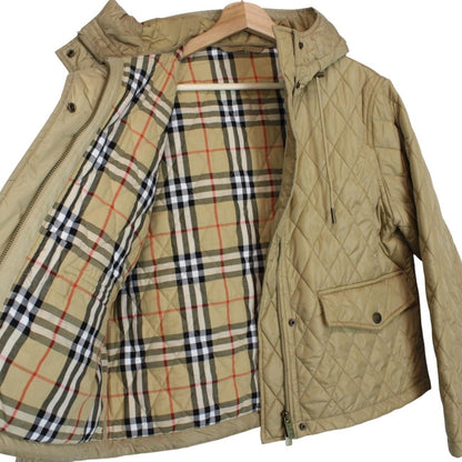 Burberry beige cropped nylon jacket with Nova Check pattern and diamond quilted design.
