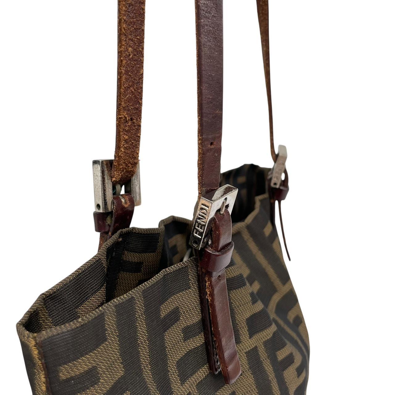 Fendi brown duffel bag featuring iconic Zucca monogram canvas and durable handles.