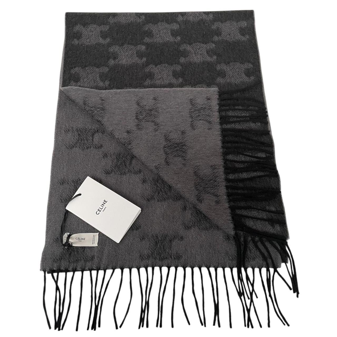 Celine Grey and Black Triomphe Fringed Monogram Cashmere Wool Scarf
