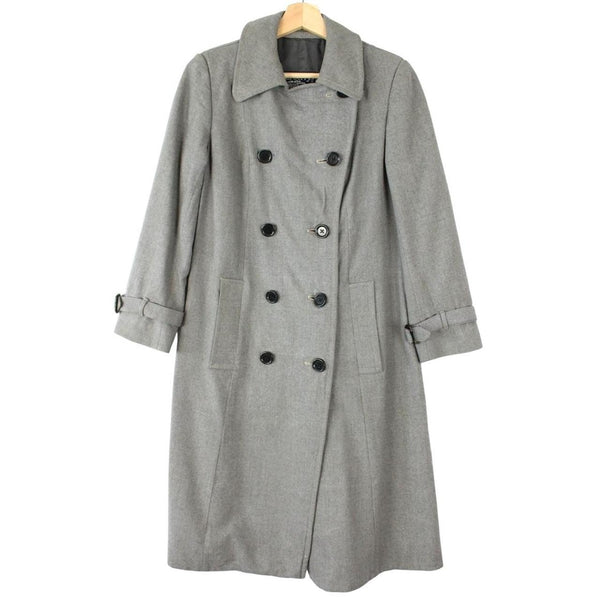 Burberry grey double breasted wool trench coat with classic check lining and logo buttons.