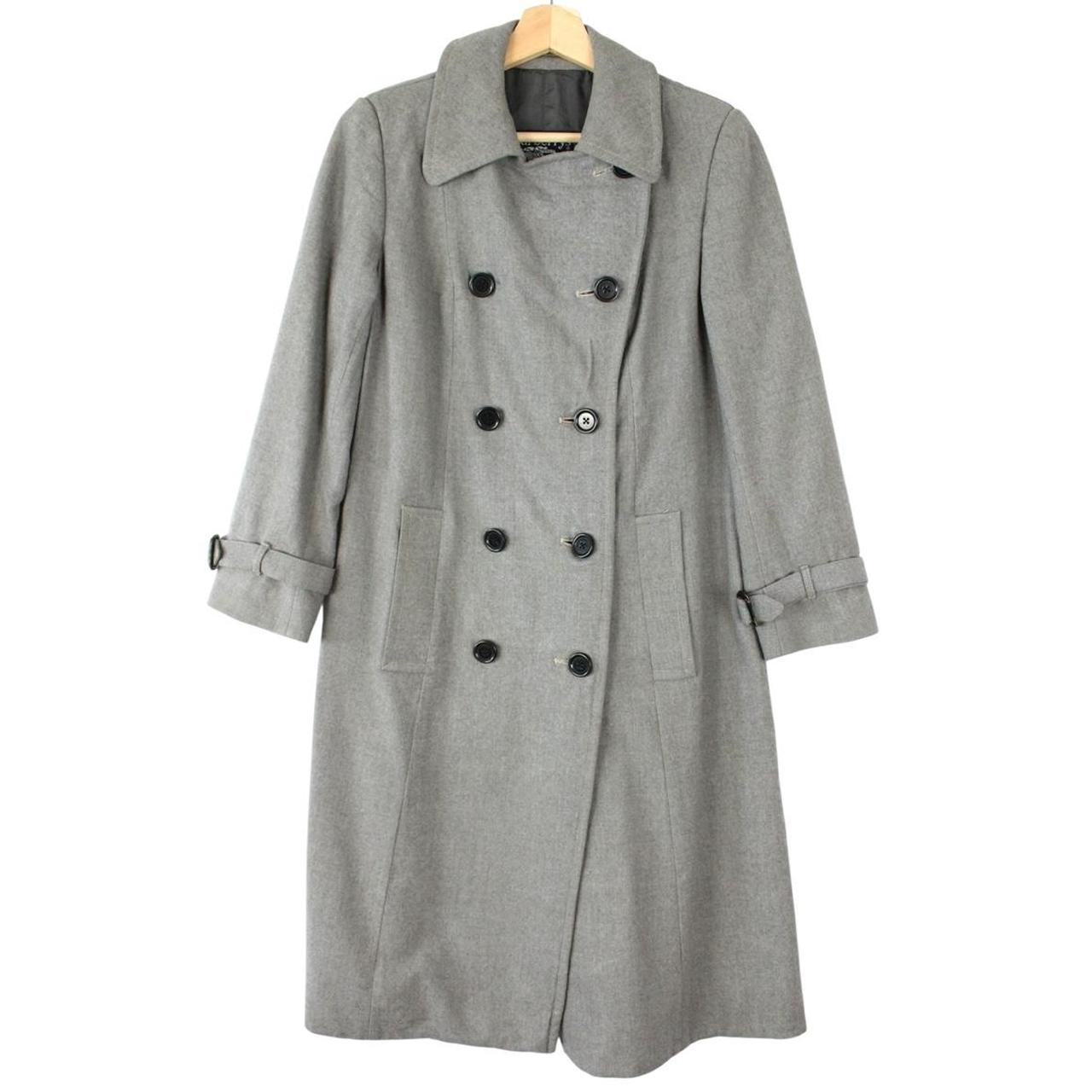 Burberry grey double breasted wool trench coat with classic check lining and logo buttons.