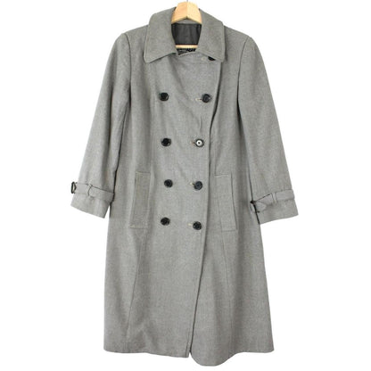Burberry grey double breasted wool trench coat with classic check lining and logo buttons.