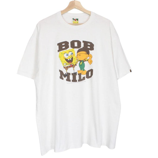 BAPE white graphic t-shirt featuring Spongebob Milo Bob print and pocket detail.