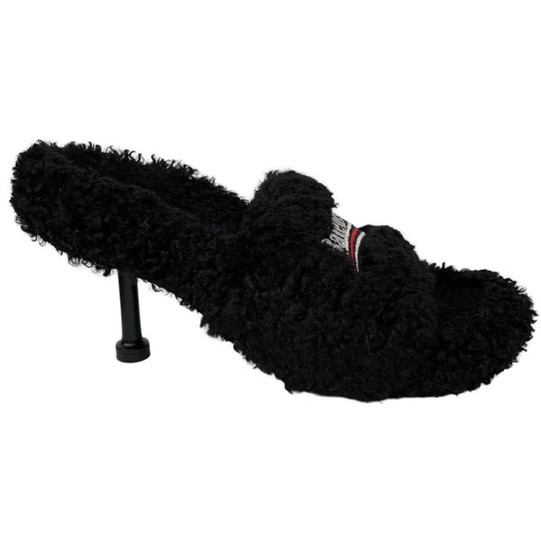 Balenciaga Black Faux Fur Furry High Heels Slides