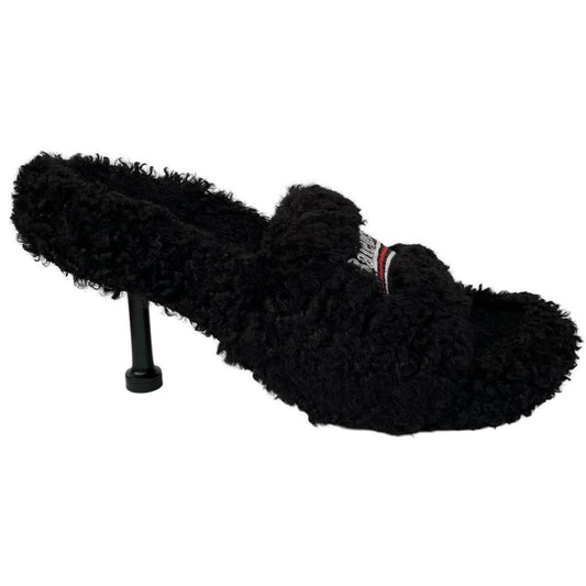 Balenciaga Black Faux Fur Furry High Heels Slides