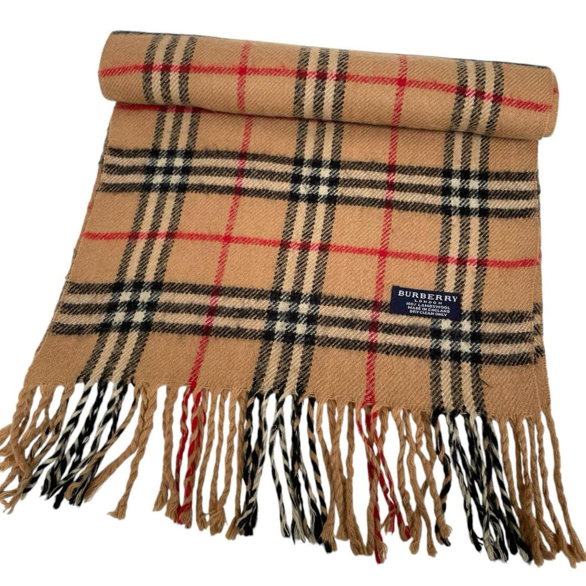 Burberry tan brown lambswool scarf with iconic Nova Check pattern.