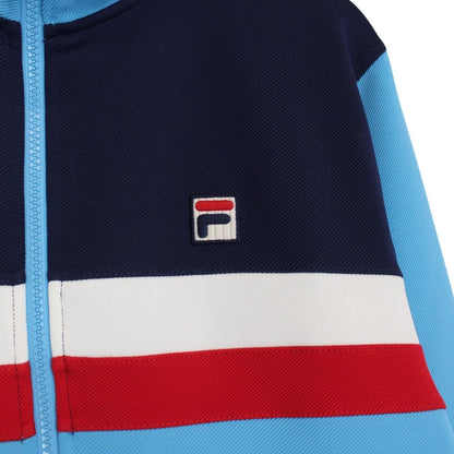 Fila blue track jacket with white stripes and embroidered logo on chest.