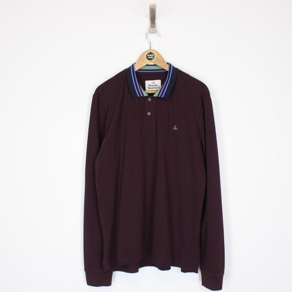 Vivienne Westwood Burgundy Long Sleeve Orb Striped Collar Polo Shirt