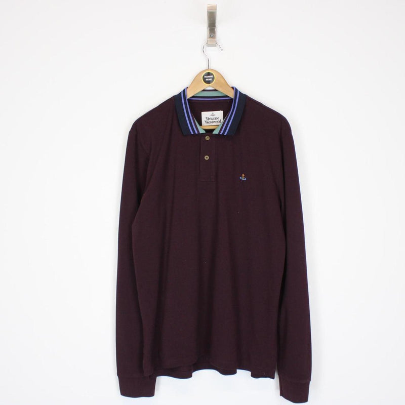 Vivienne Westwood Burgundy Long Sleeve Orb Striped Collar Polo Shirt