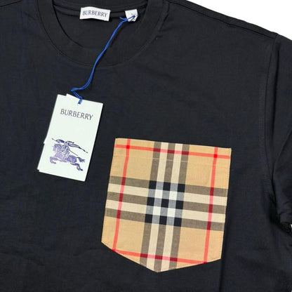 Burberry black cotton t-shirt with Nova Check pocket and logo detail.