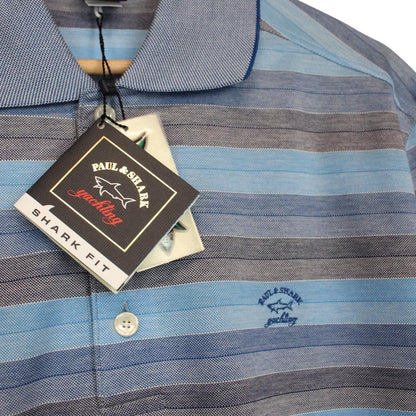 Paul & Shark blue and grey striped short sleeve cotton pique polo shirt with logo.