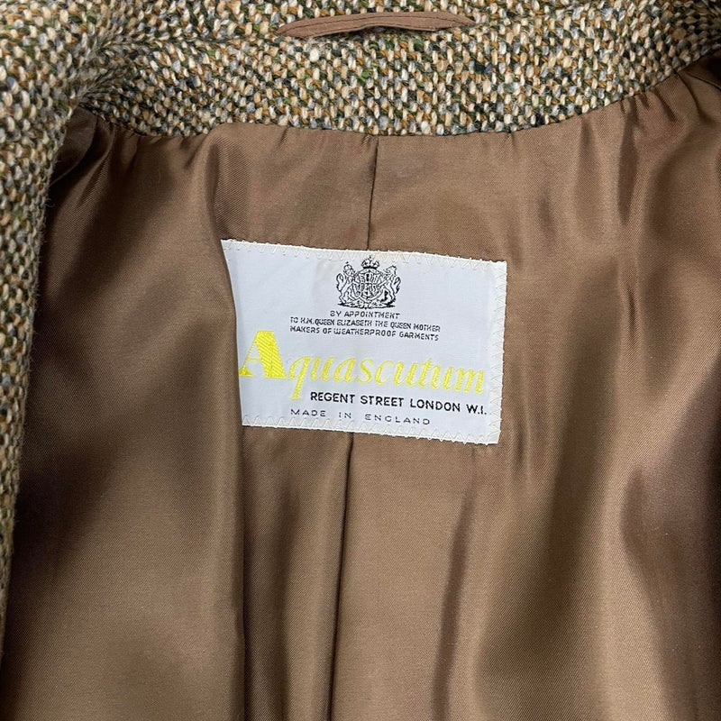 Vintage Aquascutum Multicoloured Tweed Herringbone Wool Belted Coat