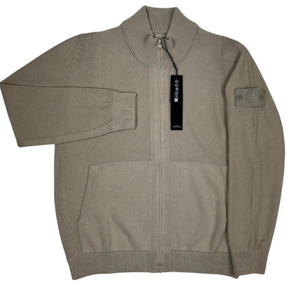 Stone Island beige knit jumper with stand collar, ribbed trims, and monochromatic badge.