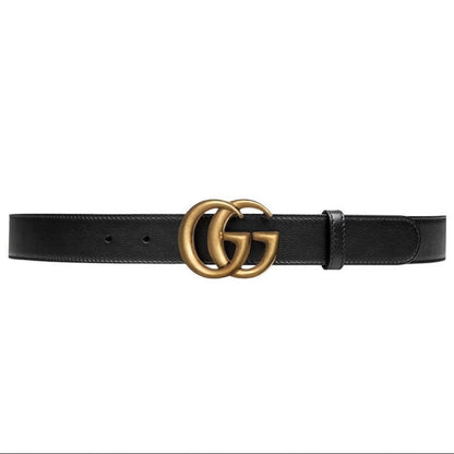 Gucci Black and Antique Brass Marmont Thin Leather Belt with GG Buckle