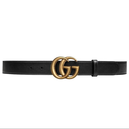 Gucci Black and Antique Brass Marmont Thin Leather Belt with GG Buckle