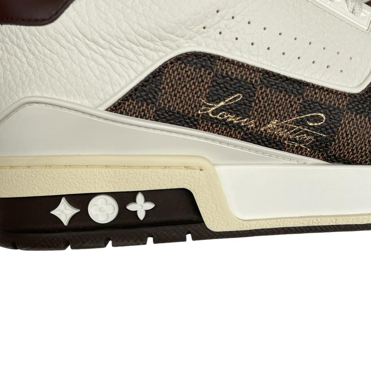 Louis Vuitton trainers white and moka brown Damier Ebene leather with logo detail.