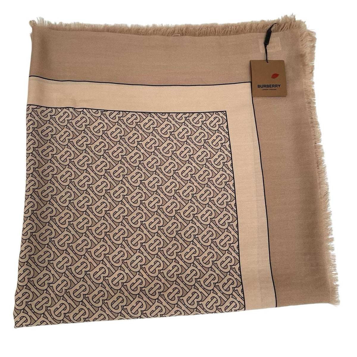 Burberry cashmere shawl scarf tan brown and beige TB monogram pattern.