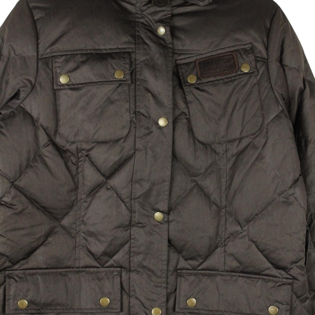 Barbour brown puffer jacket full zip with logo and quilted design.