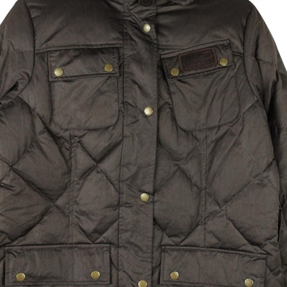 Barbour brown puffer jacket full zip with logo and quilted design.