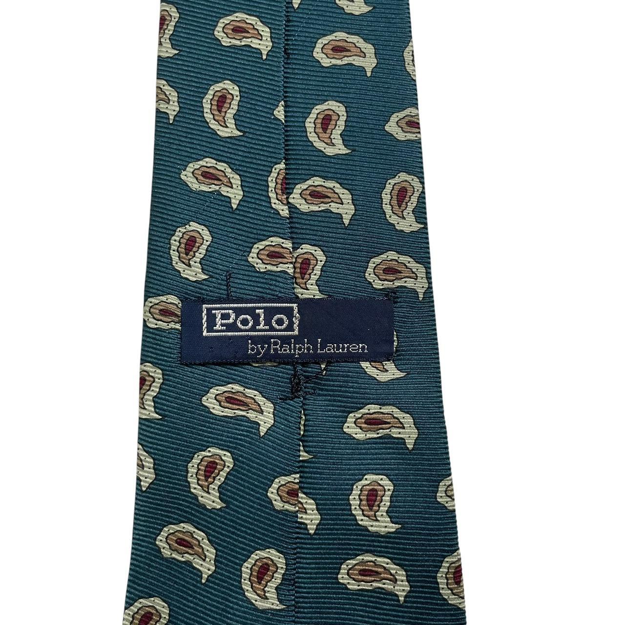 Polo Ralph Lauren green silk tie with paisley print pattern and logo detail.