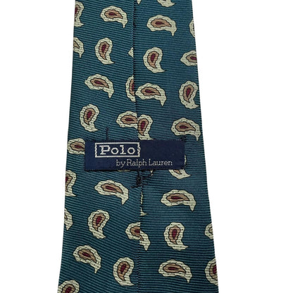 Polo Ralph Lauren green silk tie with paisley print pattern and logo detail.