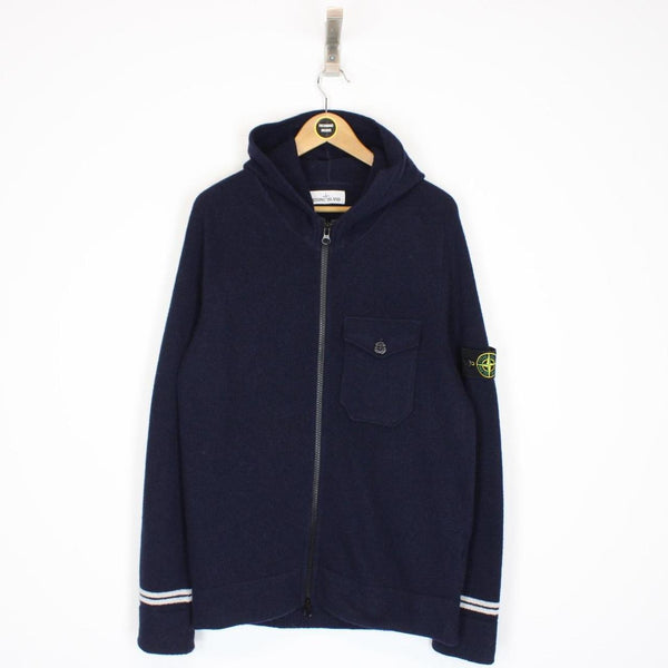 Stone Island AW 2019 Navy Blue Wool Knit Full Zip Hoodie Jumper
