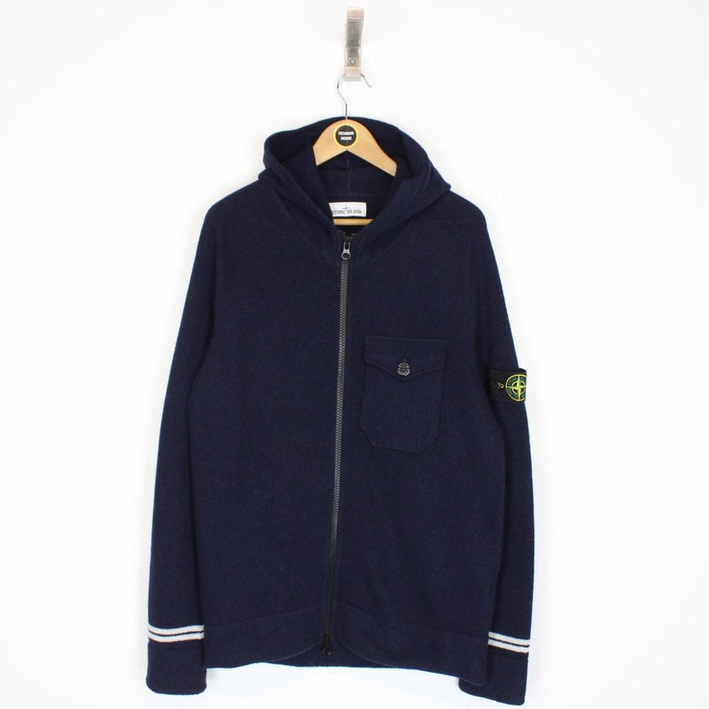 Stone Island AW 2019 Navy Blue Wool Knit Full Zip Hoodie Jumper