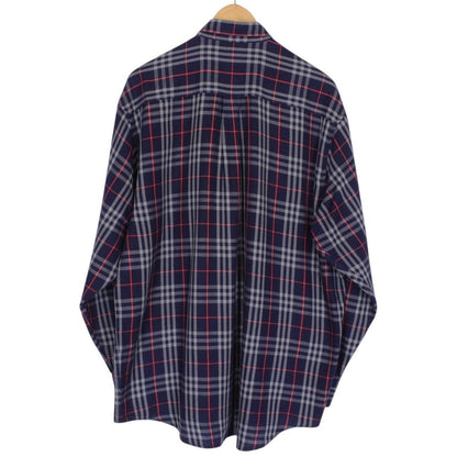 Vintage 90s Burberry Navy Blue Nova Check Long Sleeve Cotton Shirt