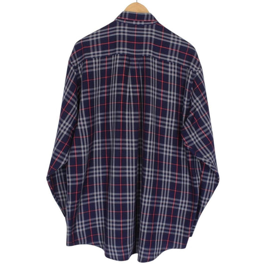 Vintage 90s Burberry Navy Blue Nova Check Long Sleeve Cotton Shirt