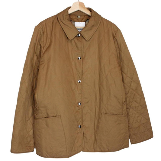 Burberry tan brown diamond quilted jacket with Nova Check lining and logo detail.