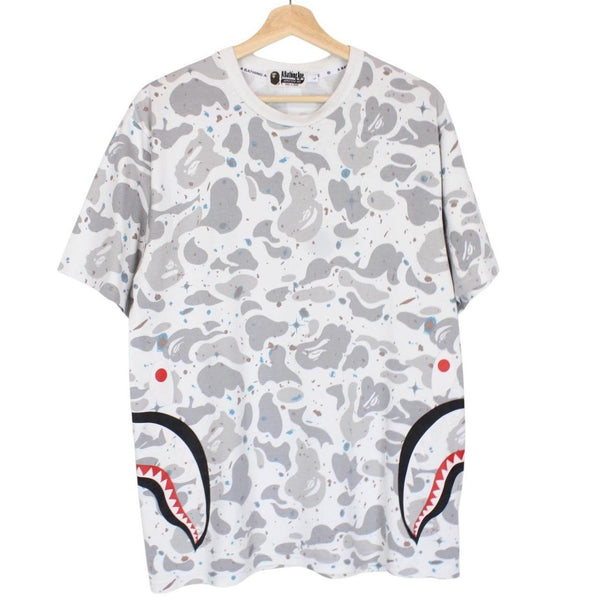 Bape White and Grey Space Camo Side Shark Short Sleeve T-Shirt