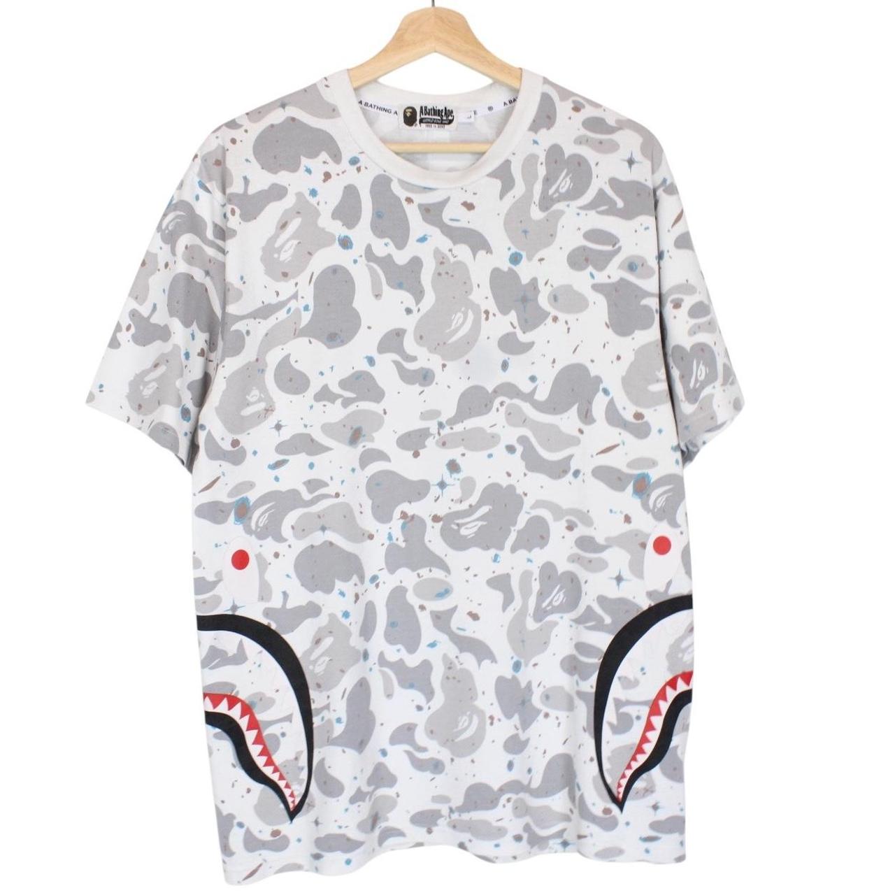 Bape White and Grey Space Camo Side Shark Short Sleeve T-Shirt
