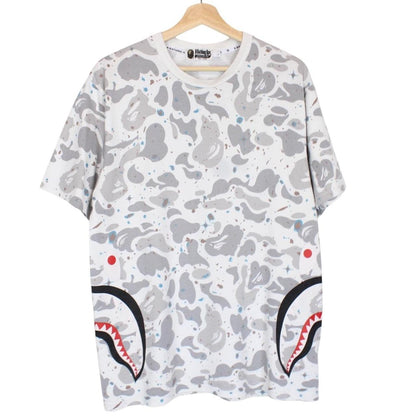 Bape White and Grey Space Camo Side Shark Short Sleeve T-Shirt