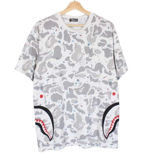 Bape White and Grey Space Camo Side Shark Short Sleeve T-Shirt