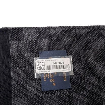 Louis Vuitton wool scarf black grey Damier pattern with tags and logo.