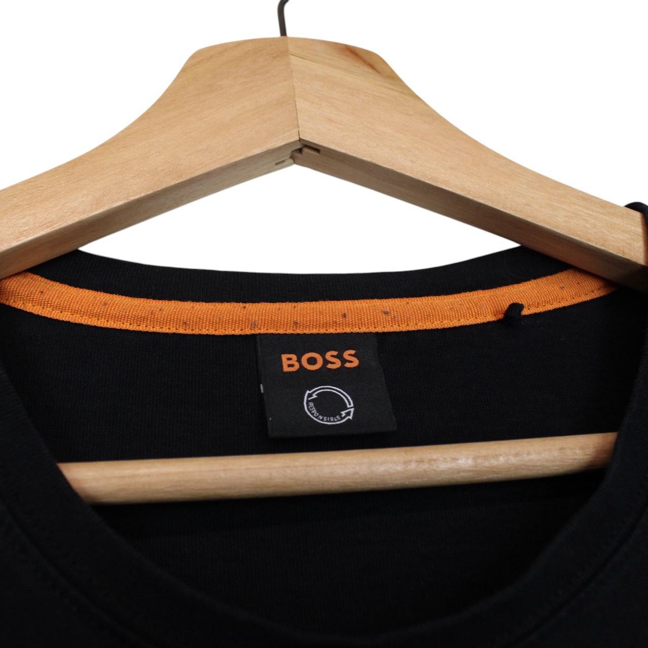 Hugo Boss black pocket t-shirt with logo patch, long sleeve, cotton material.